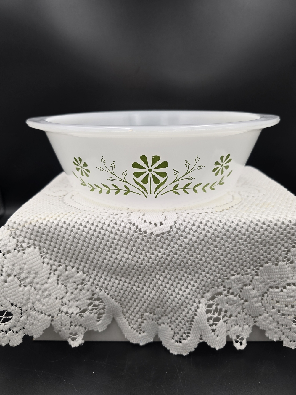 Green Floral Milk Glass Serving Bowl - Vintage Style